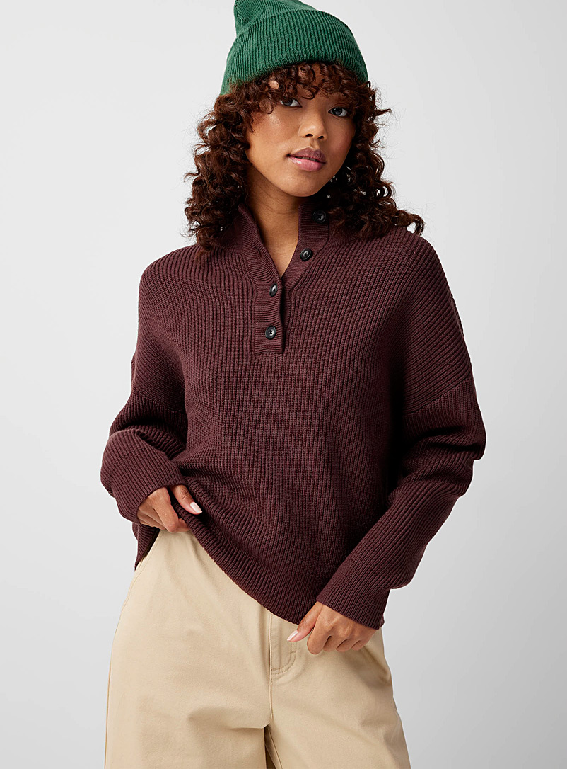 Twik Dark Brown Ribbed mock neck with half-length buttoning for women