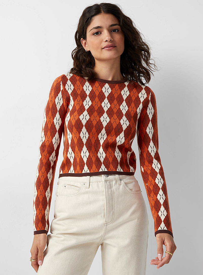 Twik Patterned Orange Geometric pattern cropped sweater for women