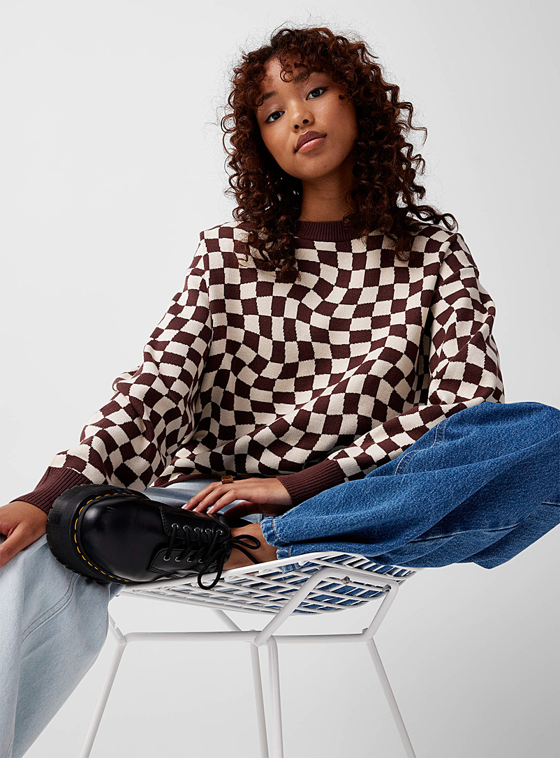 Twik Patterned Brown Trendy jacquard boxy sweater for women
