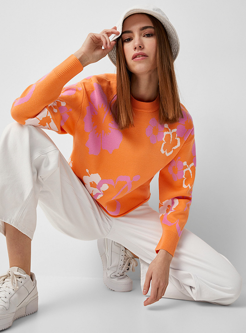 Twik Patterned Orange Trendy jacquard boxy-fit sweater for women