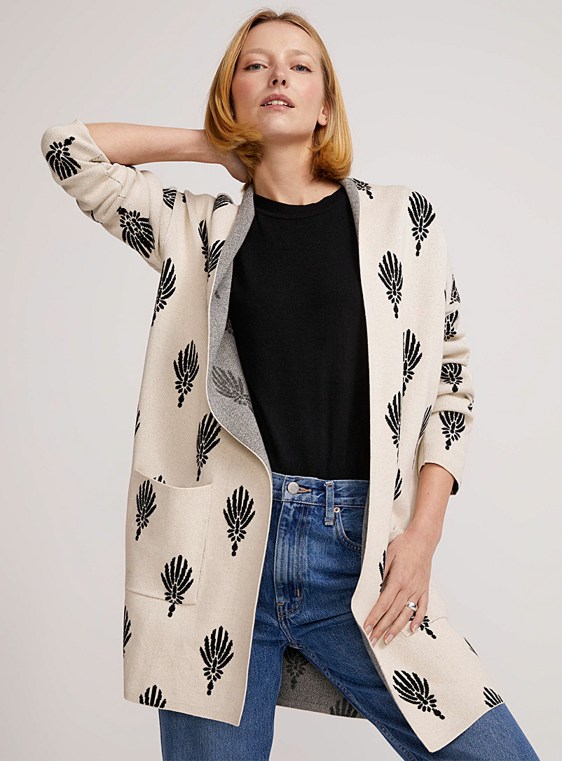 Contemporaine Ivory White Graphic jacquard open cardigan for women