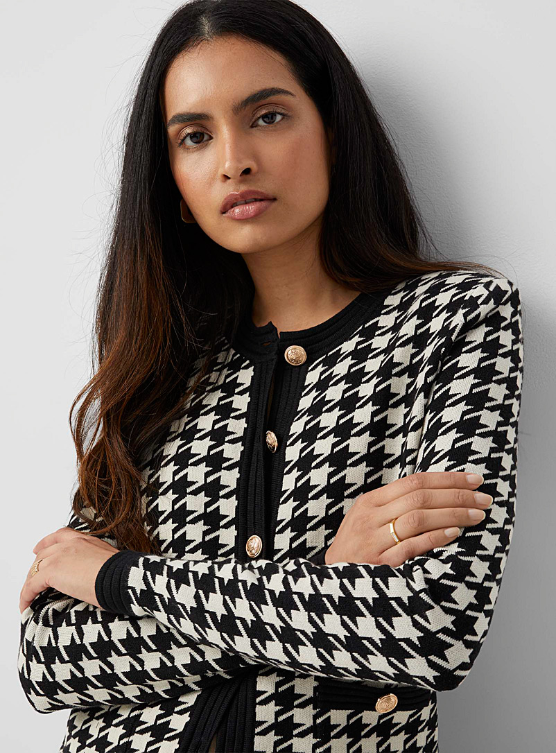 Contemporaine Black Crest buttons houndstooth cardigan for women