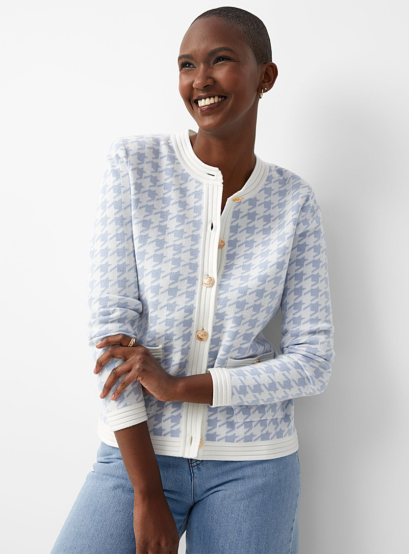 Contemporaine Baby Blue Crest buttons houndstooth cardigan for women