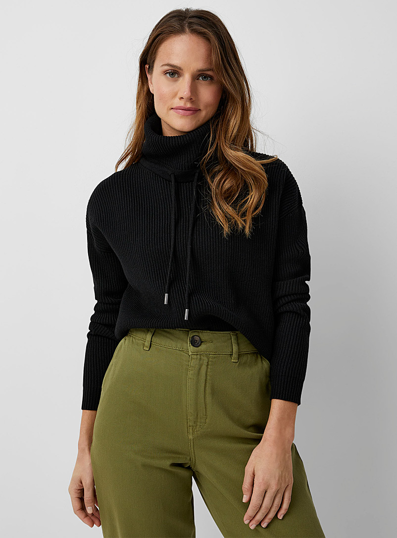 Contemporaine Black Drawcord collar ribbed sweater for women