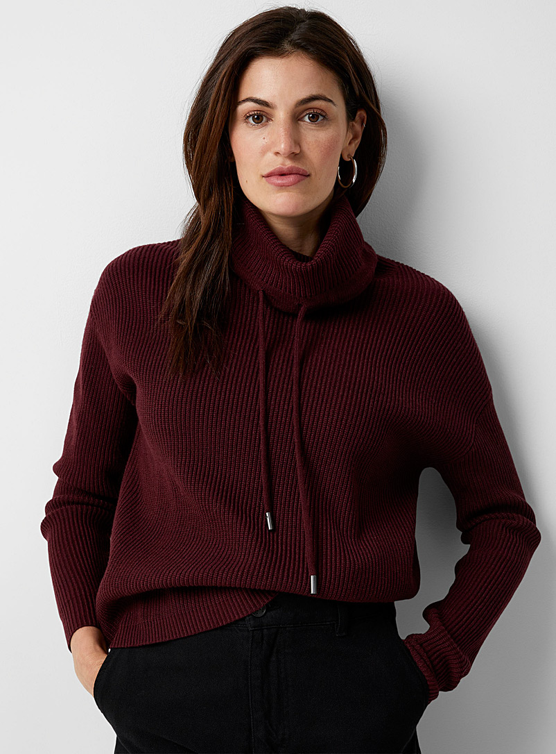 Contemporaine Dark Crimson Drawcord collar ribbed sweater for women