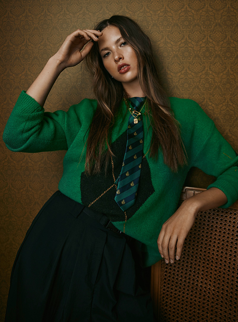 Twik Patterned Green Large-argyle long sweater for women
