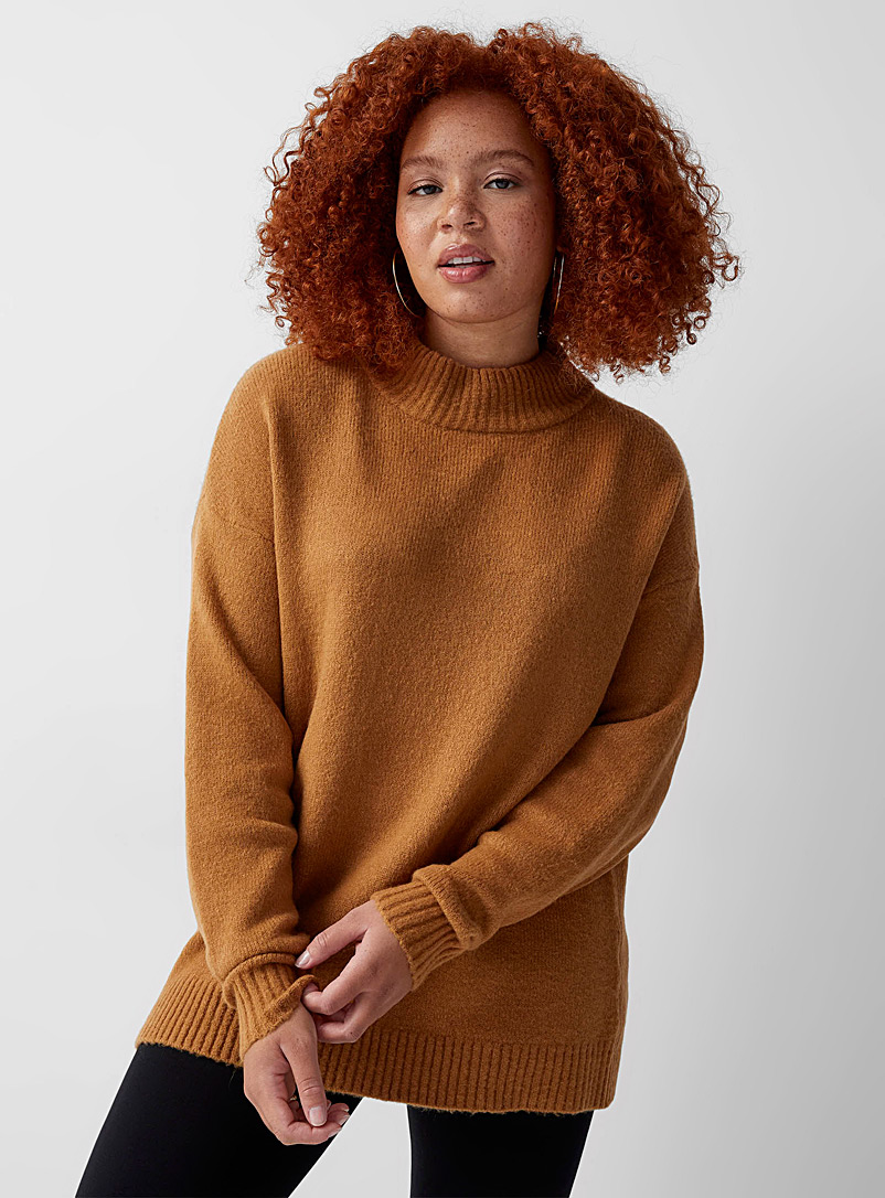 Twik Light Brown Plush knit long mock neck sweater for women