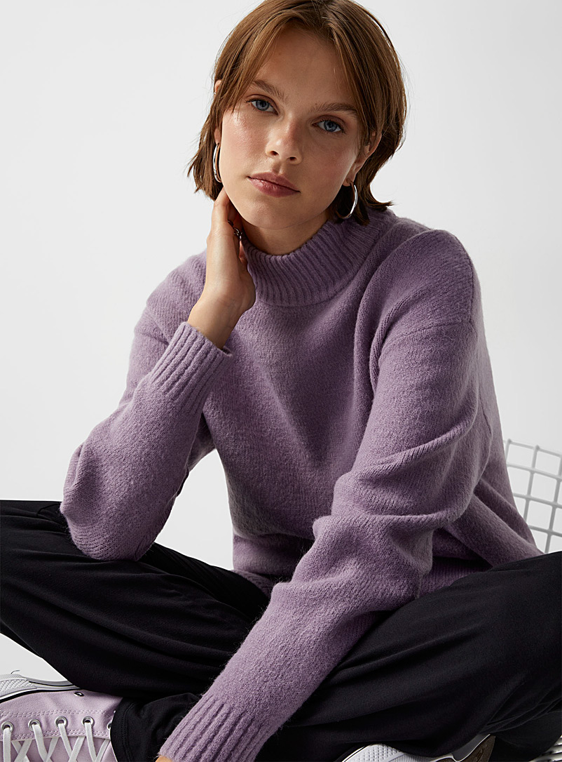 Twik Mauve Plush knit long mock neck sweater for women