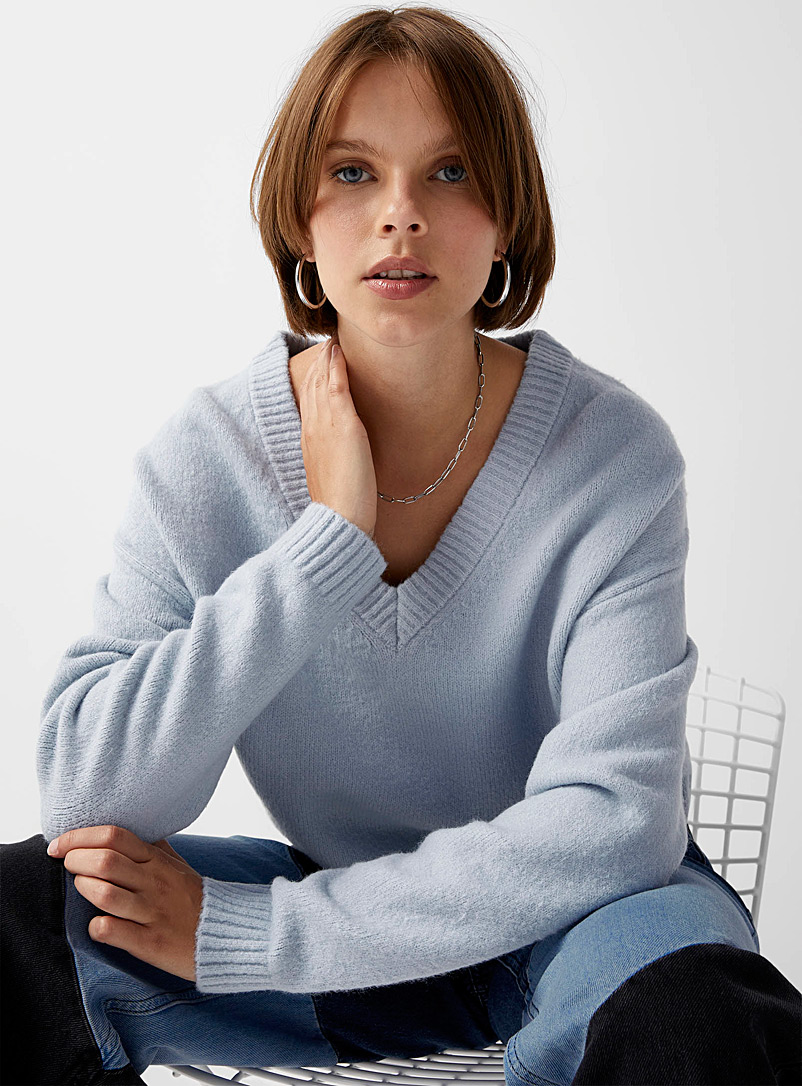 Twik Baby Blue Boxy V-neck plush knit sweater for women