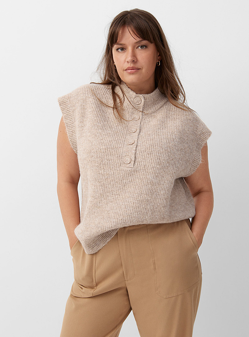 Contemporaine Sand Buttoned mock-neck sweater vest for women