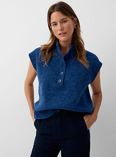 Contemporaine Sapphire Blue Buttoned mock-neck sweater vest for women