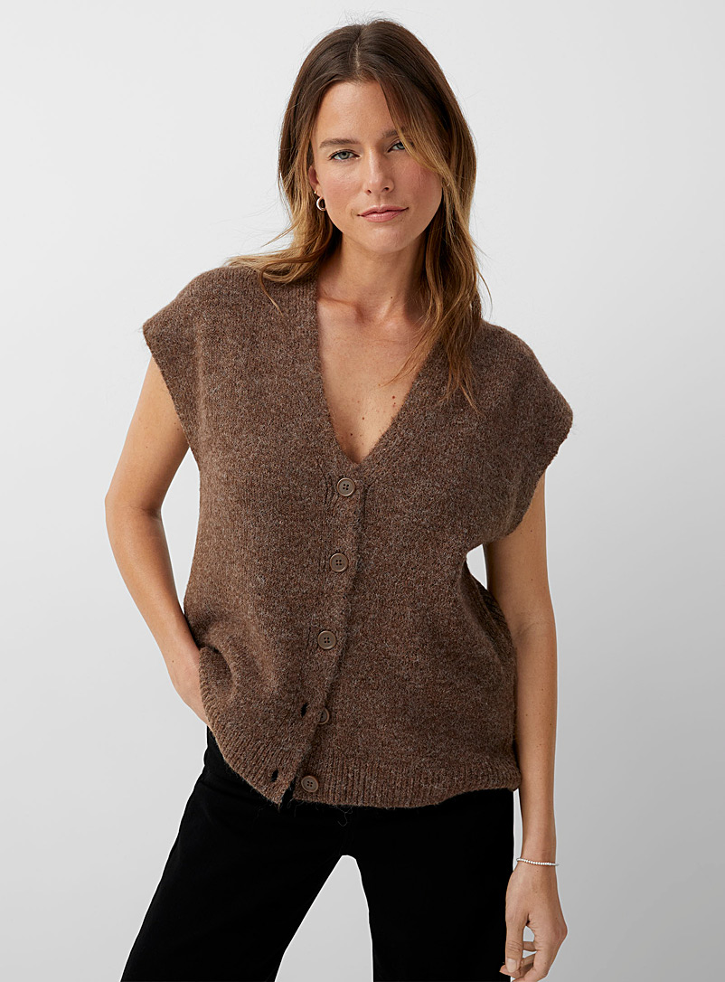Contemporaine Medium Brown Loose buttoned V-neck sweater vest for women