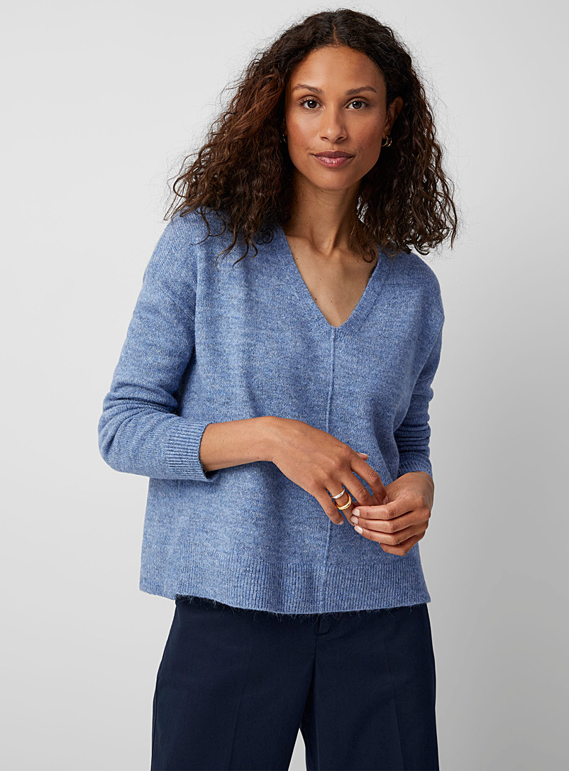Contemporaine Baby Blue Oversized heathered V-neck sweater for women