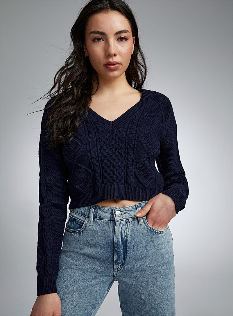 Twik Navy/Midnight Blue Cables and diamonds cropped sweater for women