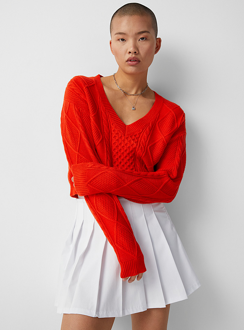 Twik Red Cables and diamonds cropped sweater for women