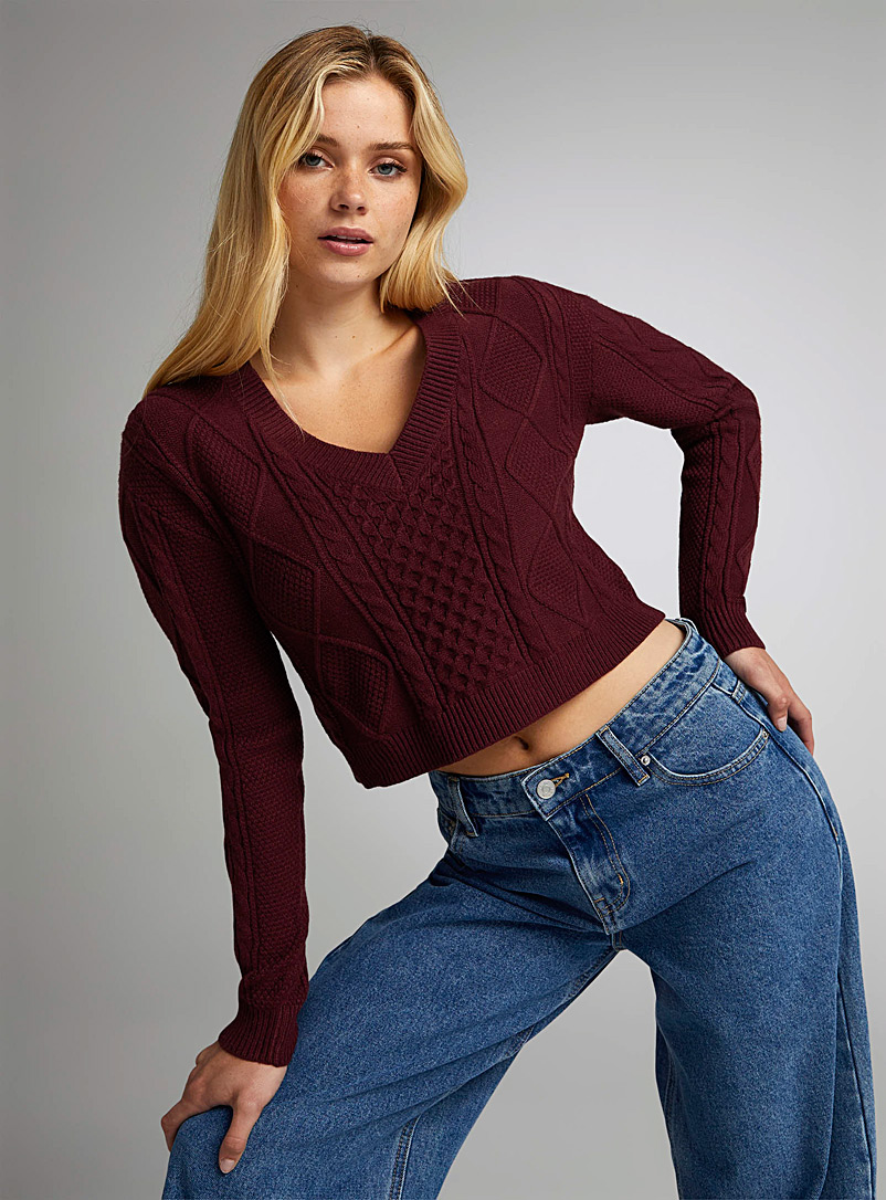 Twik Ruby Red Cables and diamonds cropped sweater for women