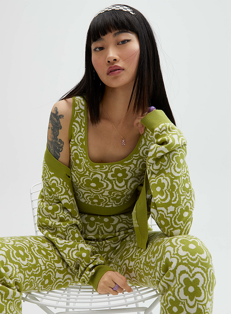 Twik Patterned Green Fine knit mini cami for women