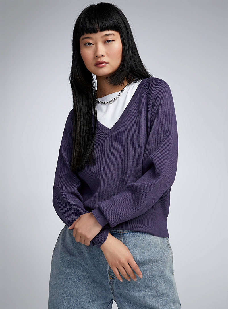 Twik Slate Blue Rib-knit V-neck sweater for women