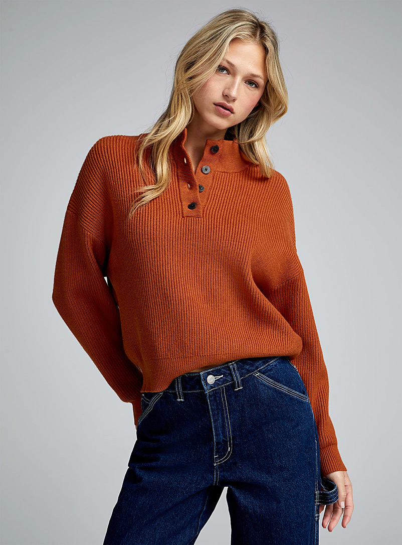 Twik Medium Brown Ribbed half-length buttoning mock neck sweater for women