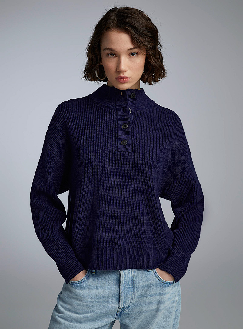 Twik Marine Blue Ribbed half-length buttoning mock neck sweater for women
