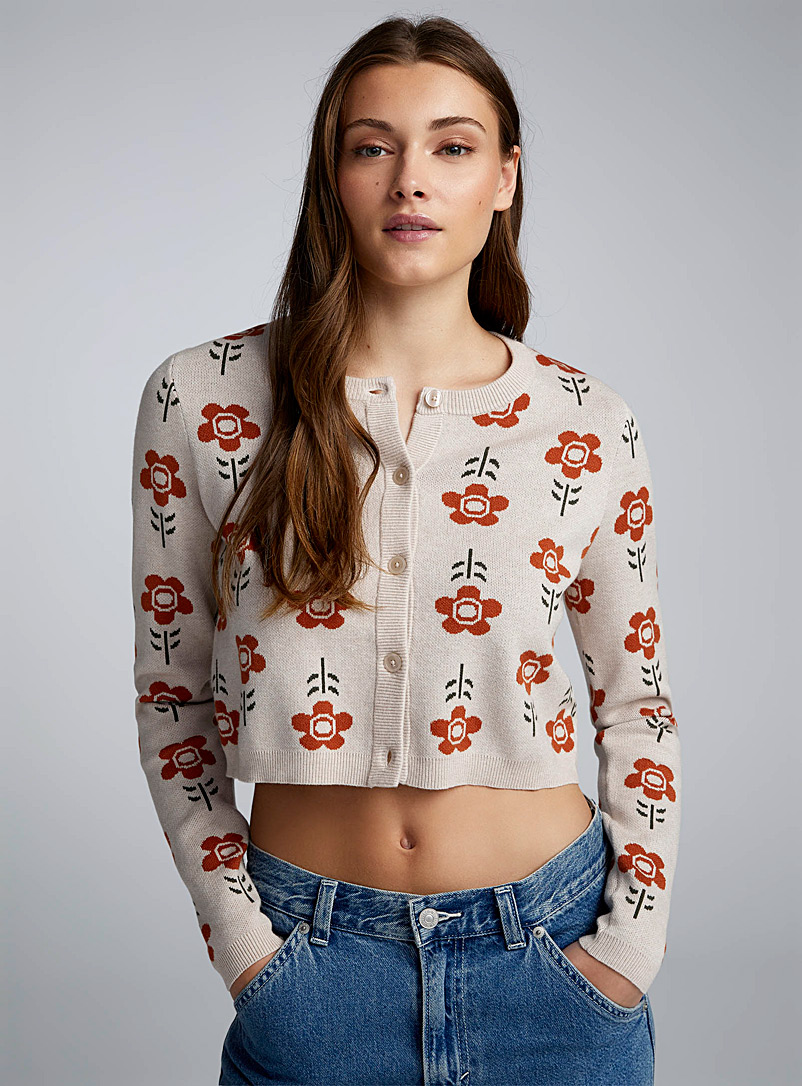 Twik Patterned Brown Jacquard knit cropped cardigan for women