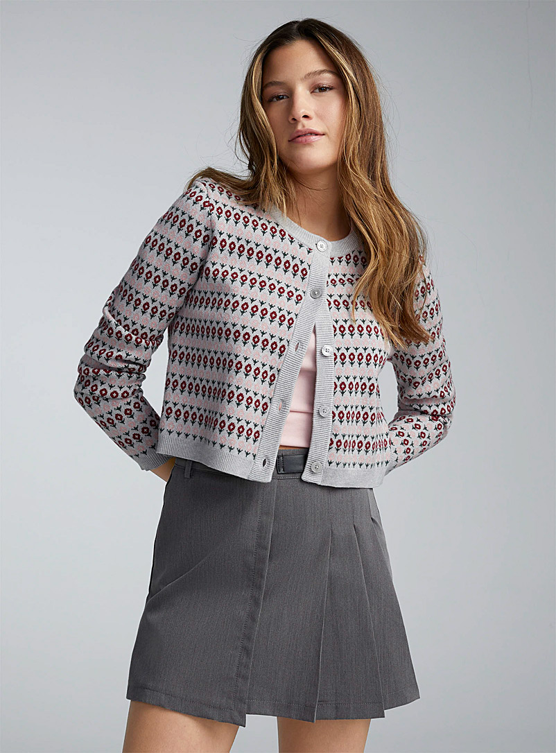 Twik Light Grey Jacquard knit cropped cardigan for women