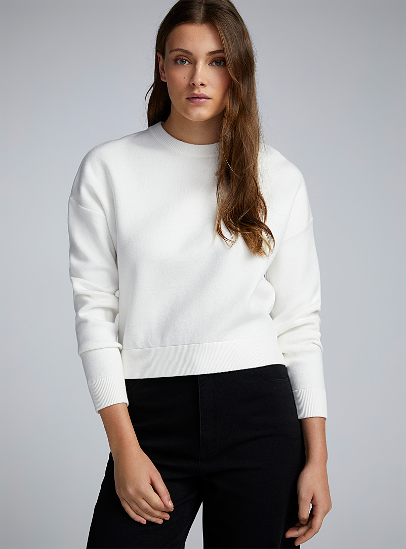 Twik White Plain drop-shoulder sweater for women