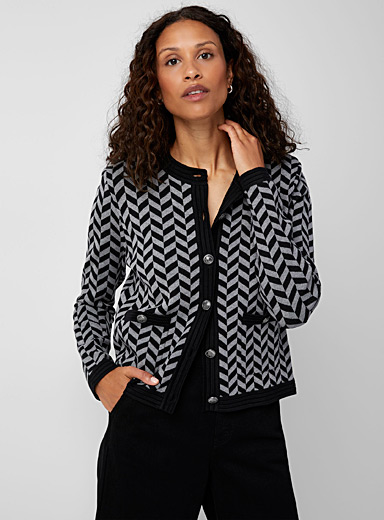 Contemporaine: Le cardigan jacquard boutons armoiries Charbon pour femme