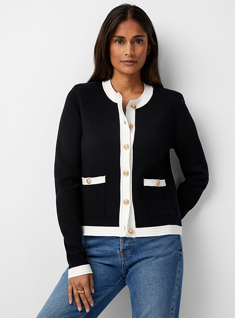 Contemporaine Black and white Crest buttons jacquard cardigan for women