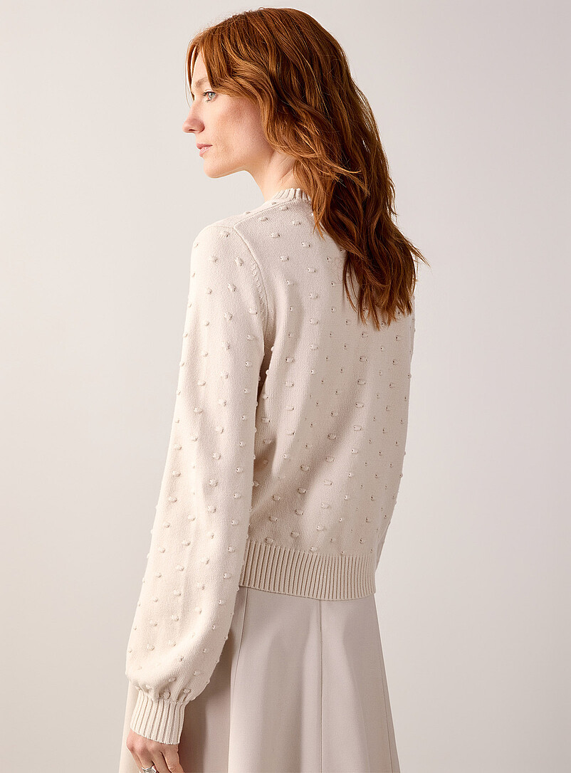 Contemporaine Chocolate/Espresso Puff-sleeve pompom sweater for women