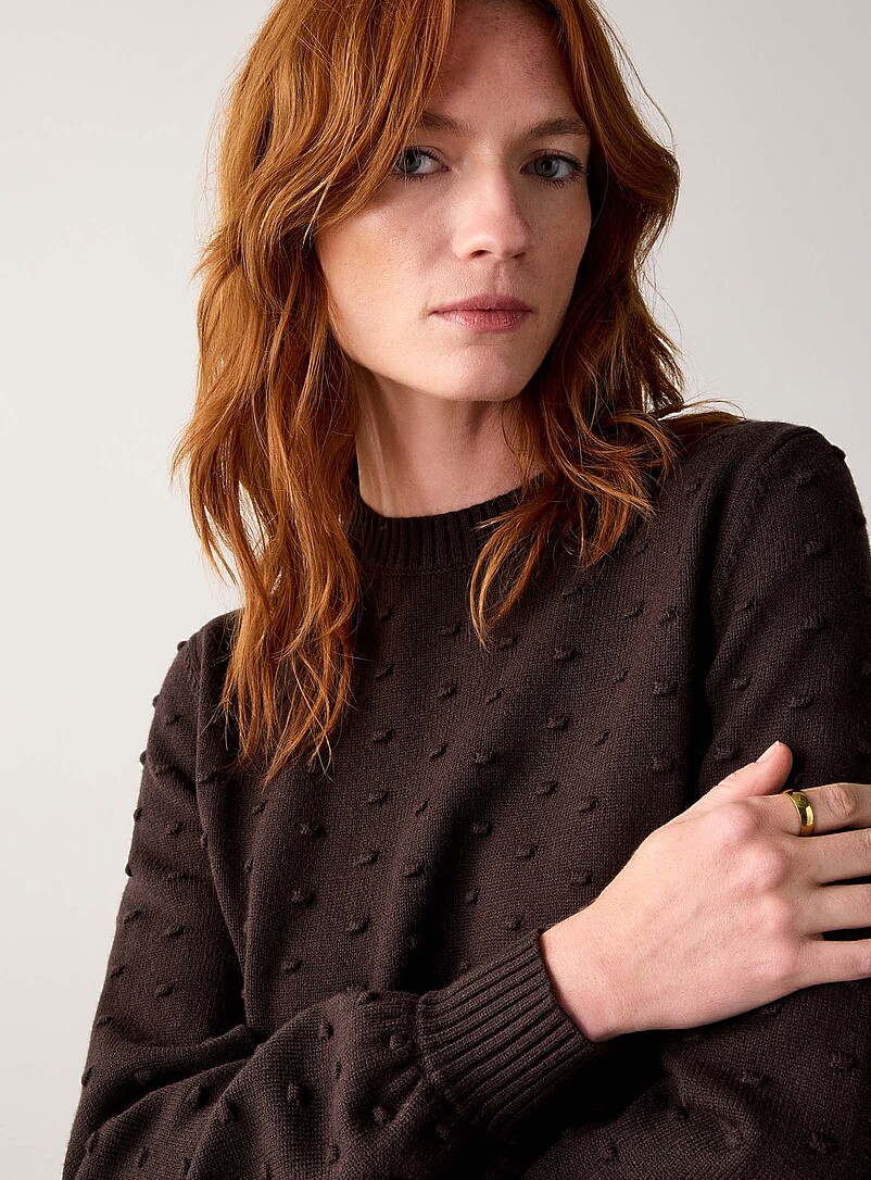 Contemporaine Chocolate/Espresso Puff-sleeve pompom sweater for women