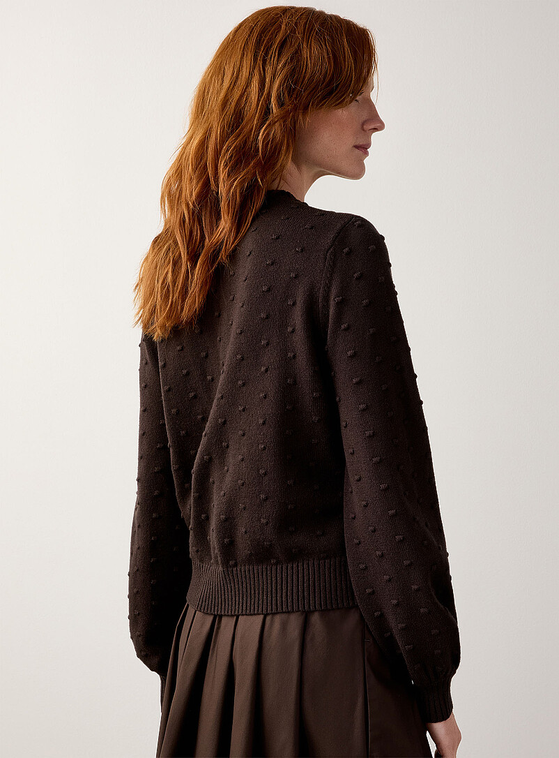 Contemporaine Chocolate/Espresso Puff-sleeve pompom sweater for women