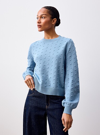 Contemporaine: Le chandail pompons manches bouffantes Sarcelle - Turquoise pour femme