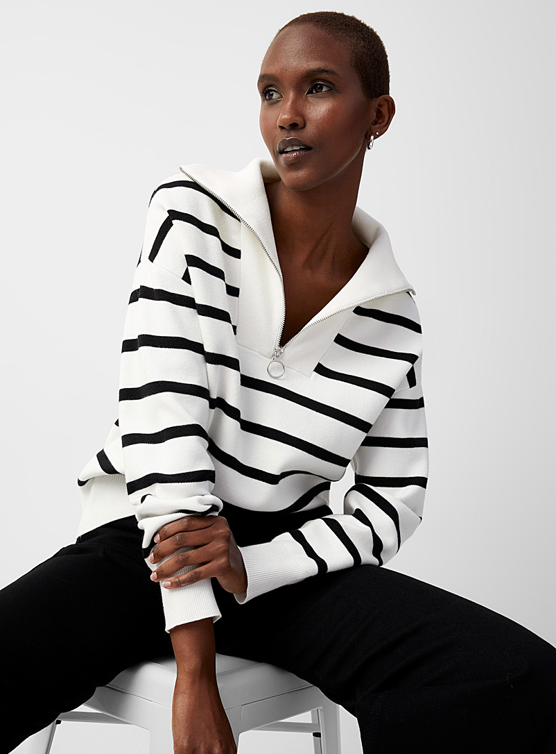 Contemporaine Ivory White Zippered collar striped sweater for women