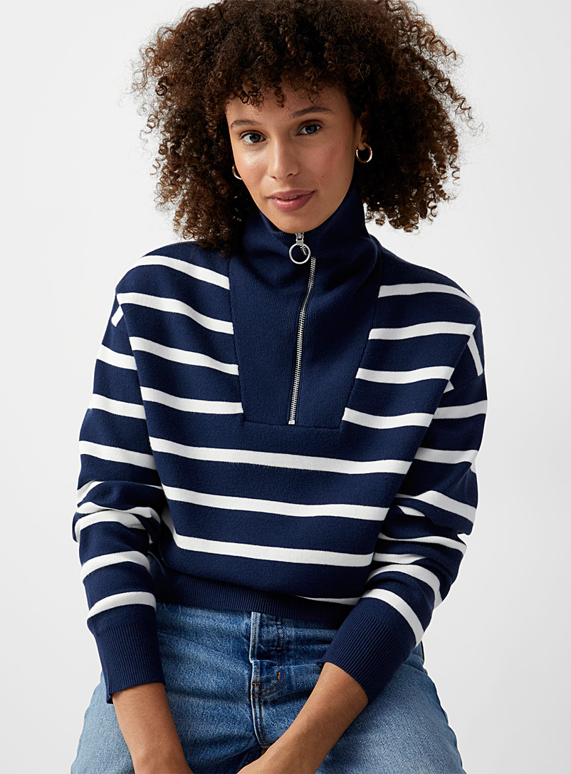 Contemporaine Marine Blue Zippered collar striped sweater for women