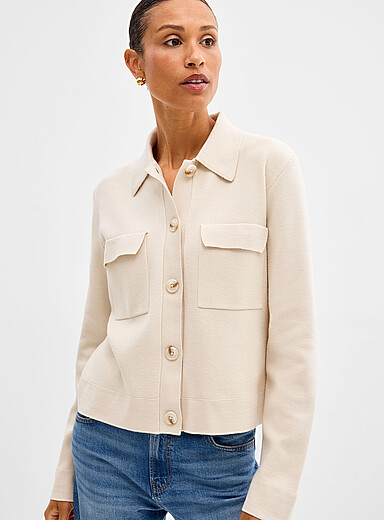 Contemporaine: Le cardigan col polo poches &agrave; rabat Ivoire - Beige cr&egrave;me pour femme