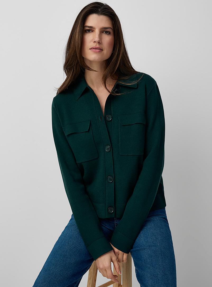 Contemporaine: La cardigan chemise poches à rabat Vert foncé-mousse-olive pour femme