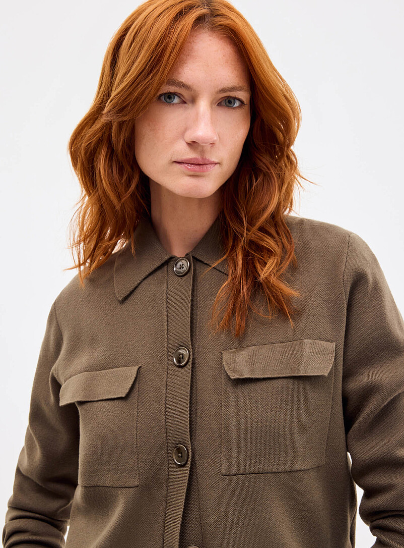 Contemporaine Sand Flap-pocket polo-collar cardigan for women