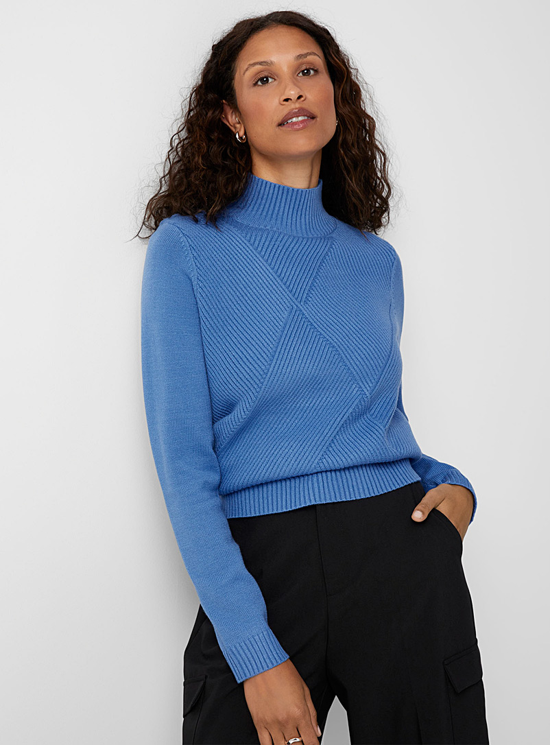 Contemporaine Slate Blue Geometric ribbed mock-neck sweater for women