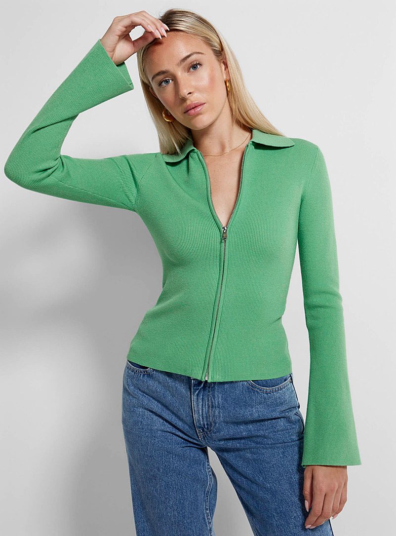 Icône Green  Polo-collar ribbed cardigan for women