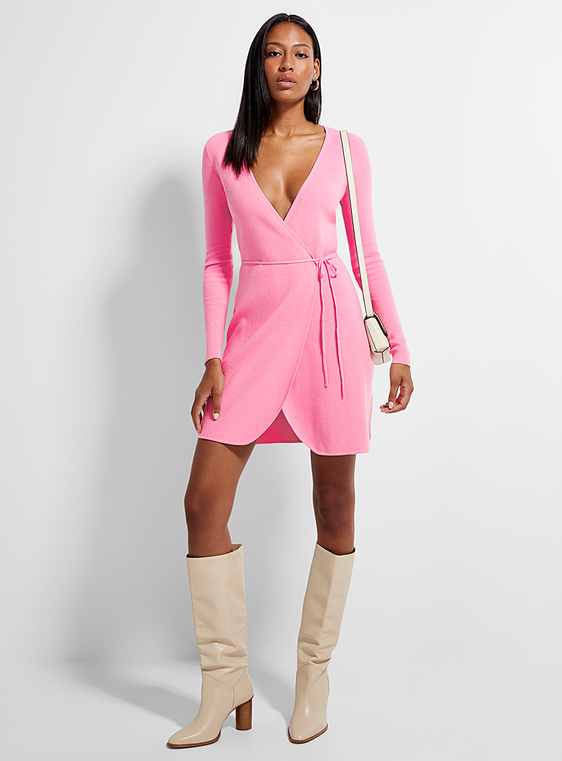 Icône Pink Rib-knit wrap dress for women