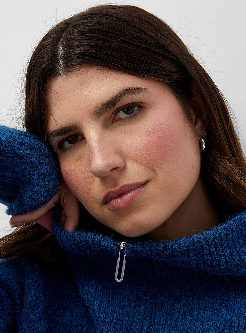 Contemporaine Dark Blue Zippered collar fuzzy sweater for women