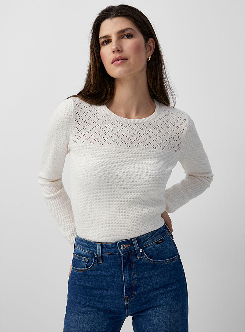 Contemporaine Ivory White Openwork yoke textured sweater for women