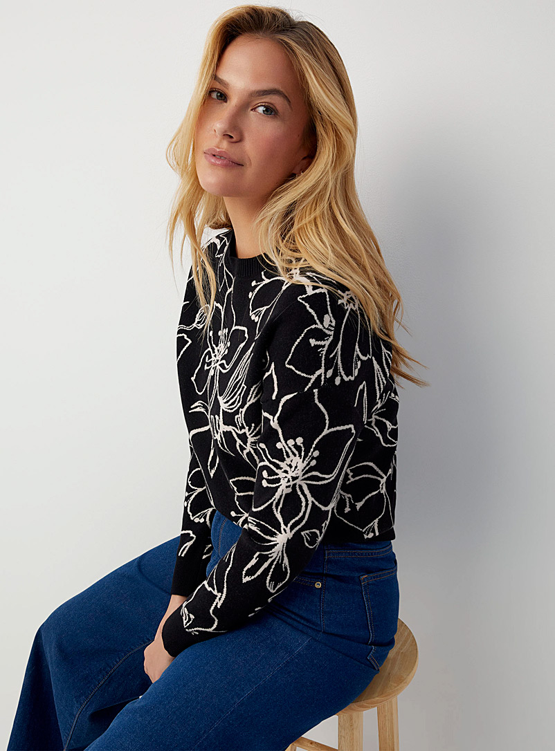 Contemporaine Black Floral design jacquard sweater for women