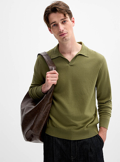 Le 31 Mossy Green Johnny collar minimalist sweater for men