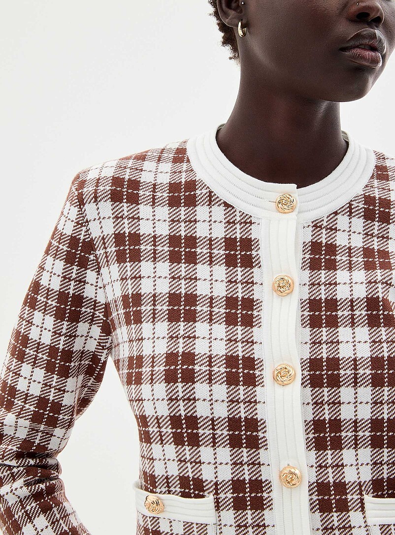 Contemporaine: Le cardigan jacquard boutons m&eacute;talliques Blanc et noir pour femme