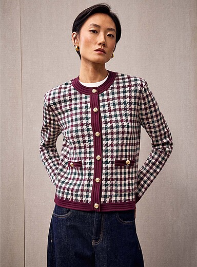Contemporaine Patterned Crimson Metallic buttons jacquard cardigan for women