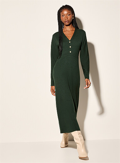 Floral buttons maxi rib-knit dress