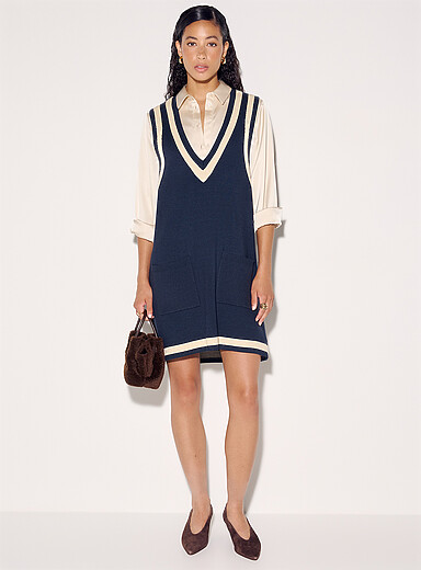 Patch-pocket thick knit pinafore dress