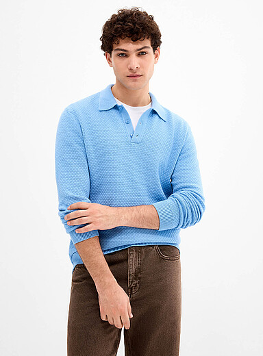 Le 31: Le polo tricot emboss&eacute; Bleu moyen - Ardoise pour homme